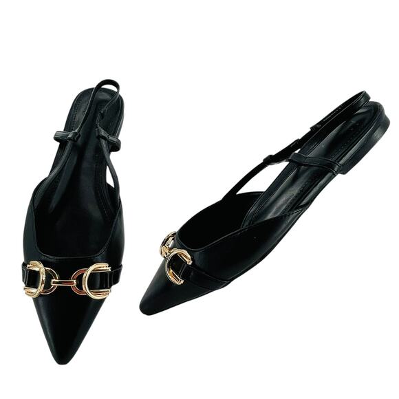 JustFab Black Faux Leather Gold Trim Pointed Toe Slip On Sling Back Flats 7 - Picture 1 of 9